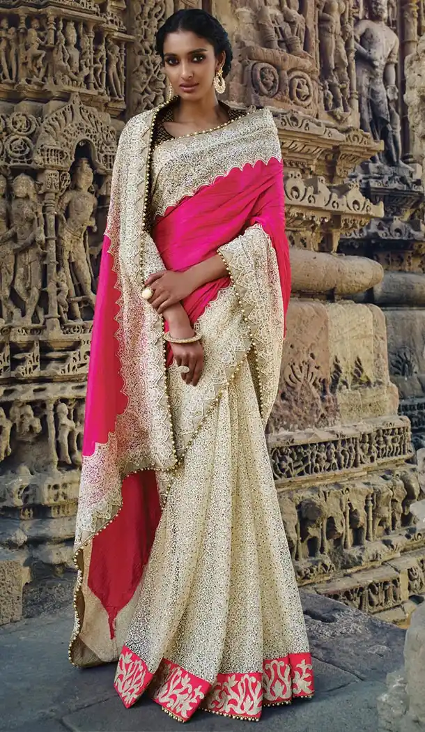 Deep Pink Color Silk,Imported Designers Wedding Bridal Sarees with Stitched Blouse | FH430768496
