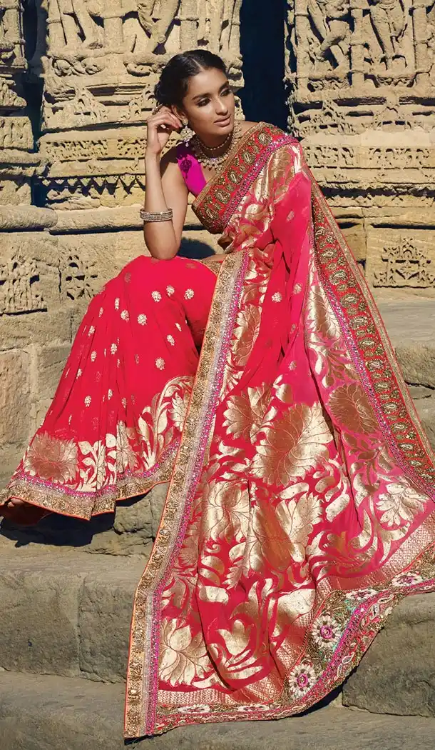 Deep Pink Color Silk Designers Wedding Bridal Sarees with Stitched Blouse | FH430768498