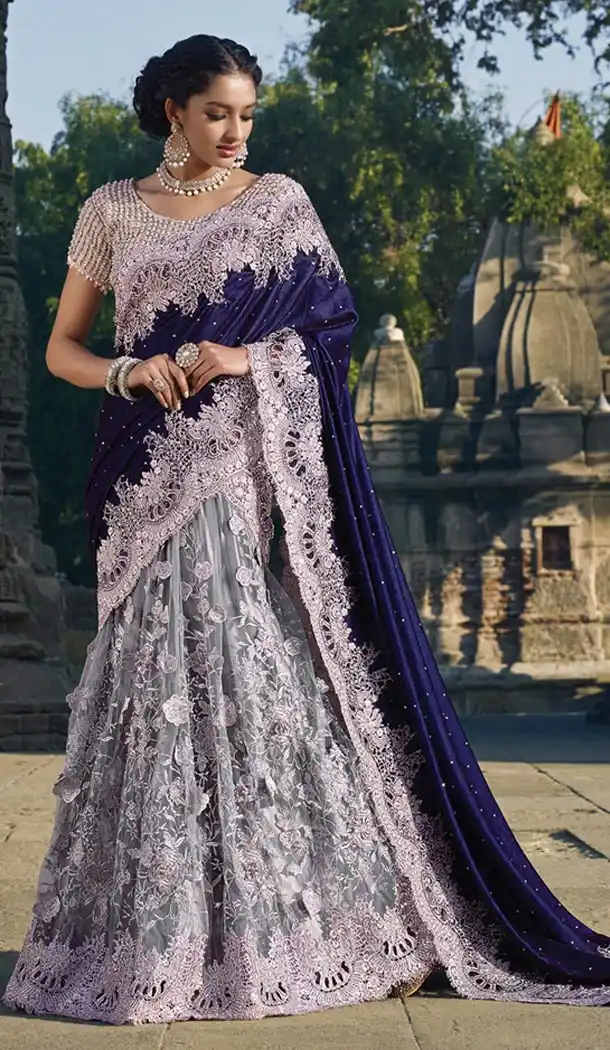 Slate Gray Color Net,Velvet Designers Wedding Bridal Sarees with Stitched Blouse | FH430768499