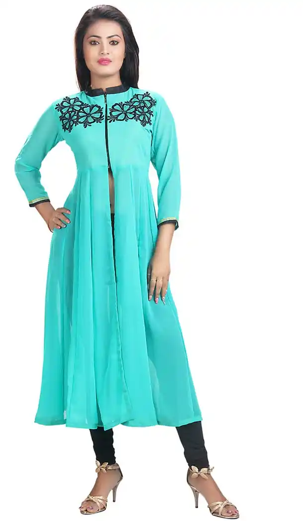 Turquoise Viscose Satin Achkan Readymade Kurti  | FH431268535