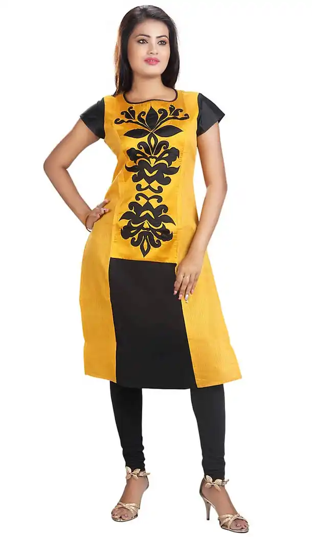 Yellow Chanderi Silk Straight Readymade Kurti  | FH431268536