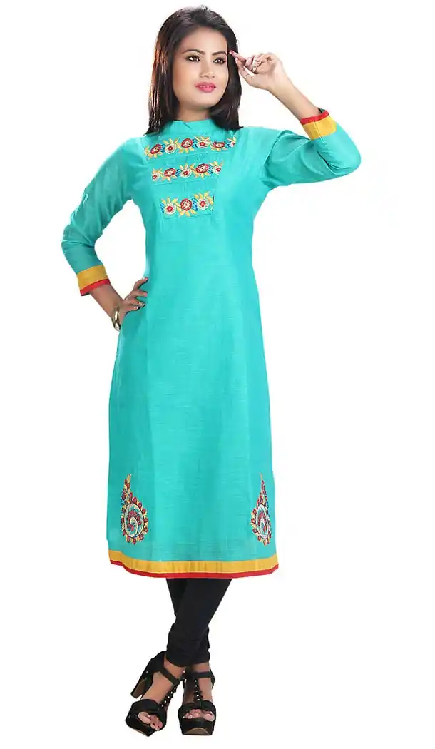 Turquoise Chanderi Silk Straight Readymade Kurti  | FH431268541