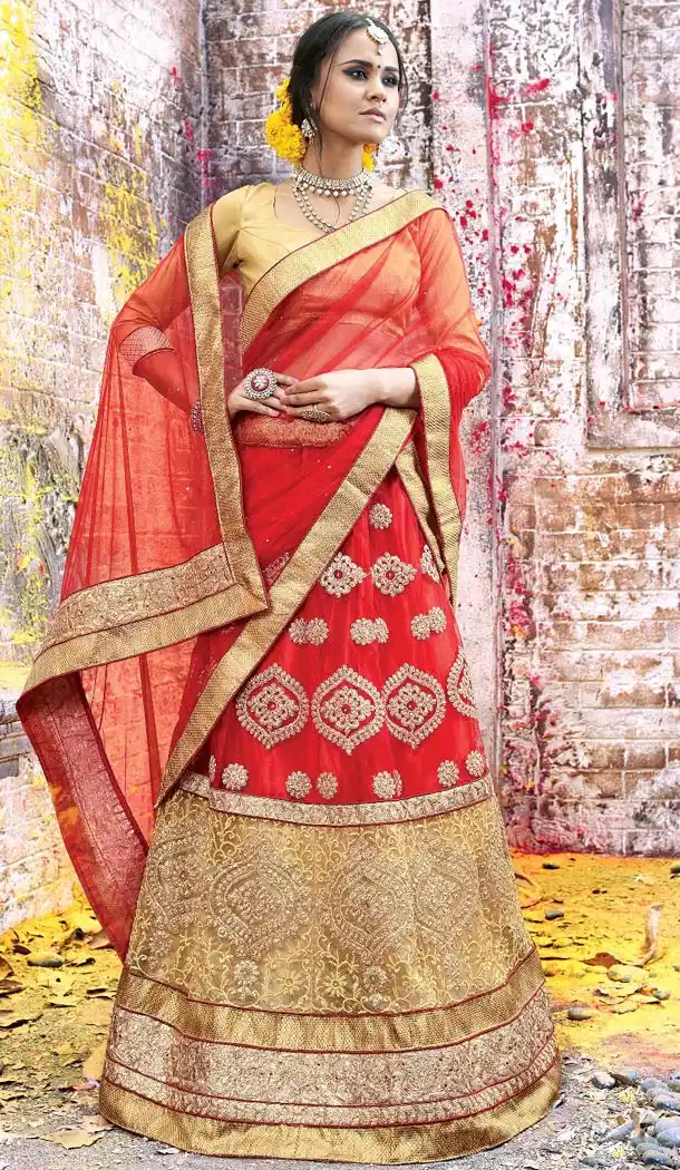 Deep Scarlet Net Woman Designer Wedding Lehenga Choli Online | FH431468561