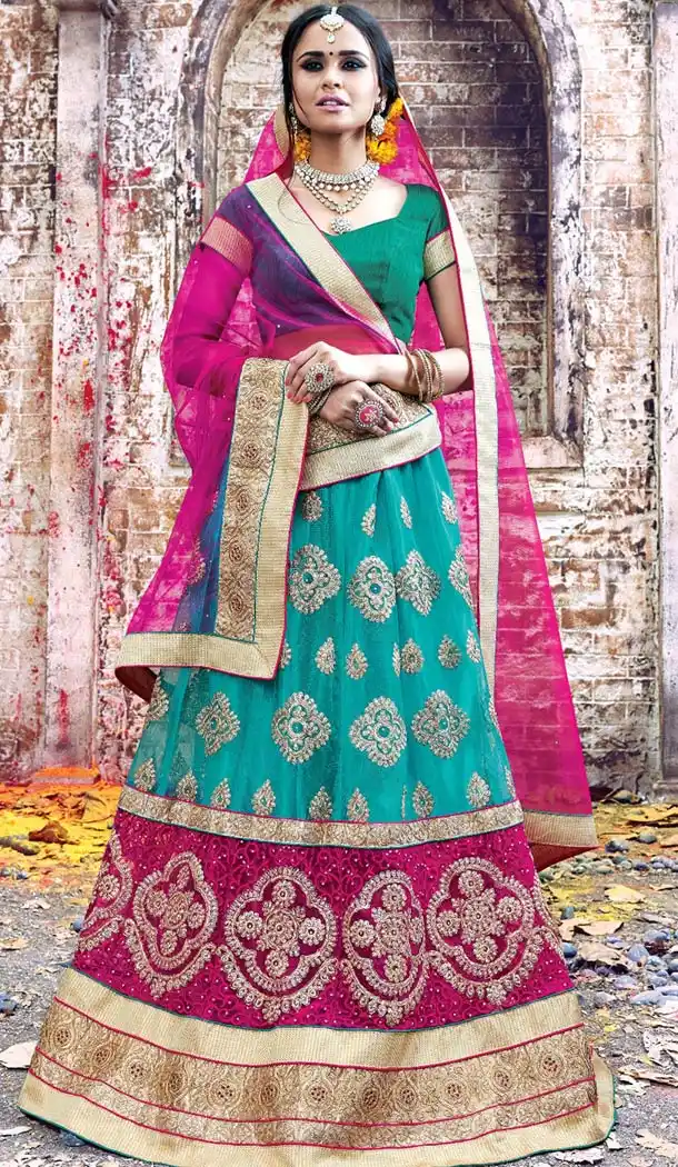Turquoise Net Woman Designer Wedding Lehenga Choli Online | FH431568563