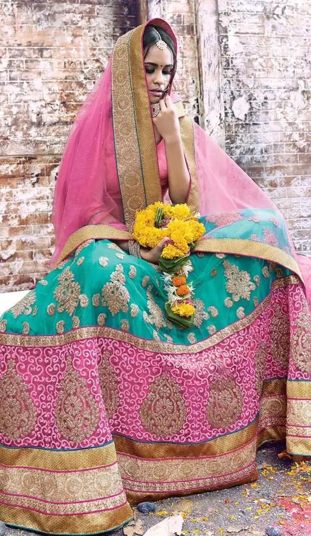 Turquoise Net Woman Designer Wedding Lehenga Choli Online | FH431568565