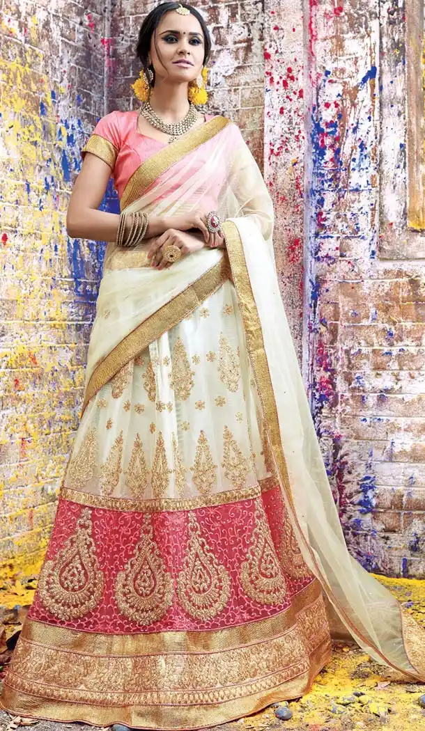 Off White Net Woman Designer Wedding Lehenga Choli Online | FH431568566