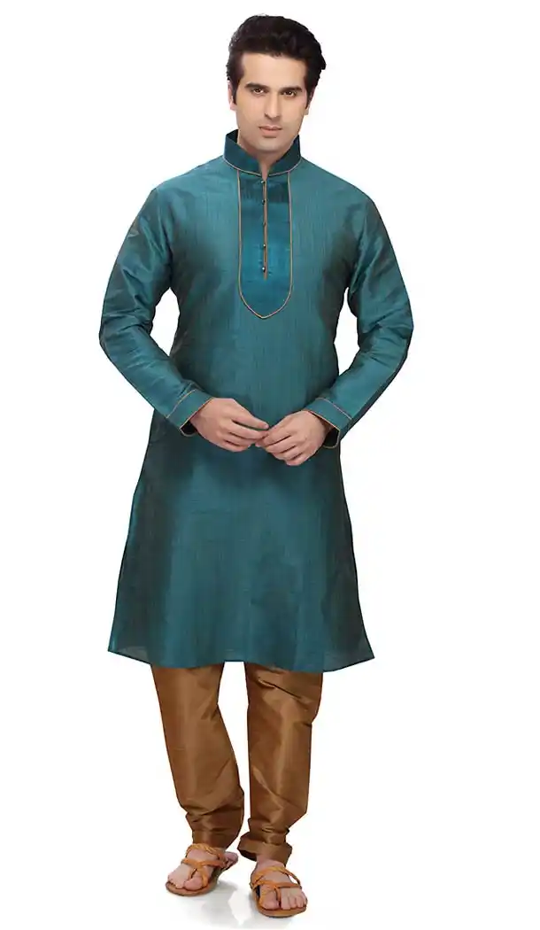 Cadet Blue Color Art Silk Formal Wear Men's Readymade Kurta Pajama | FH431768575