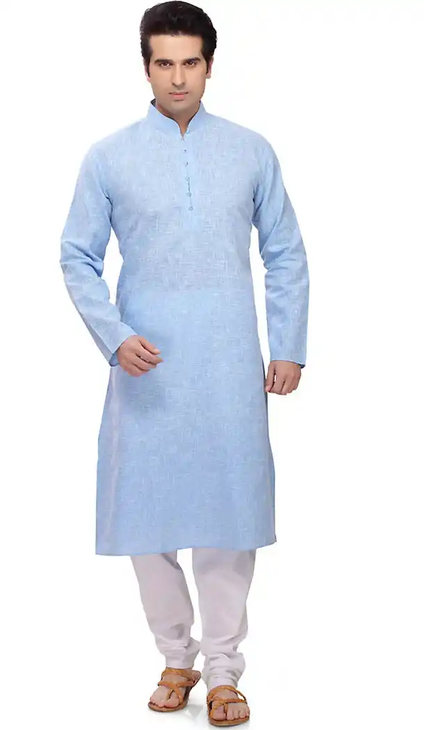 Sky Blue Color Cotton Formal Wear Men's Readymade Kurta Pajama | FH431768577