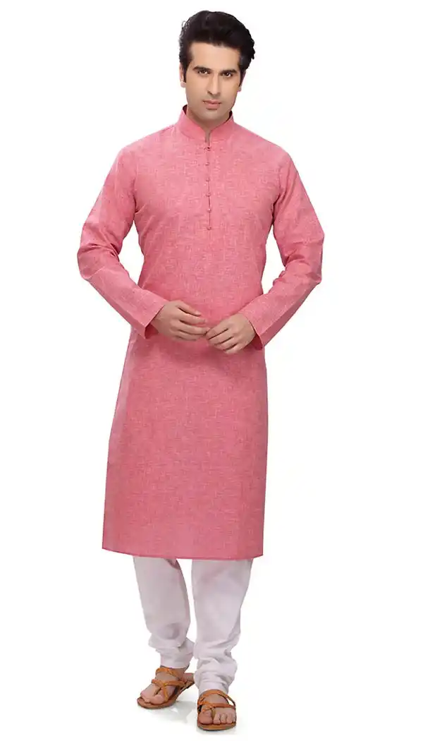 Salmon Color Cotton Formal Wear Men's Readymade Kurta Pajama | FH431768578