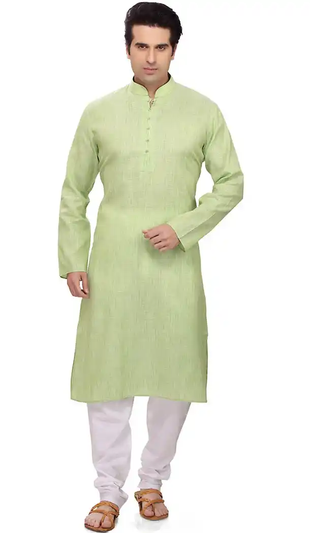 Aloe Vera Green Color Cotton Formal Wear Men's Readymade Kurta Pajama | FH431768581