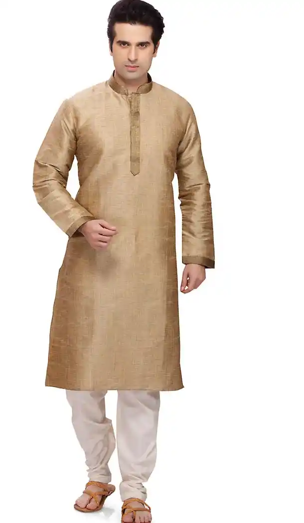 Tan Brown Color Art Silk Formal Wear Men's Readymade Kurta Pajama | FH431768584