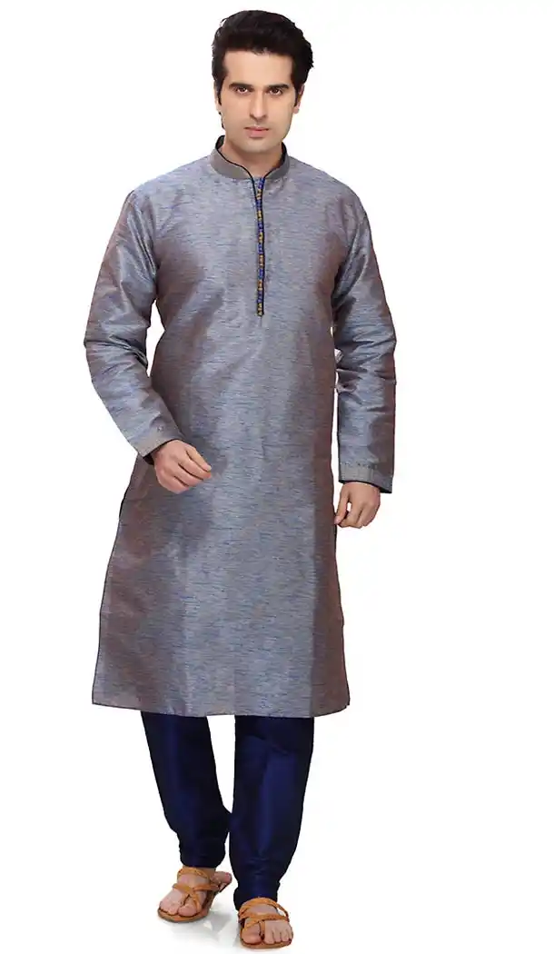 Slate Gray Color Art Silk Formal Wear Men's Readymade Kurta Pajama | FH431768585