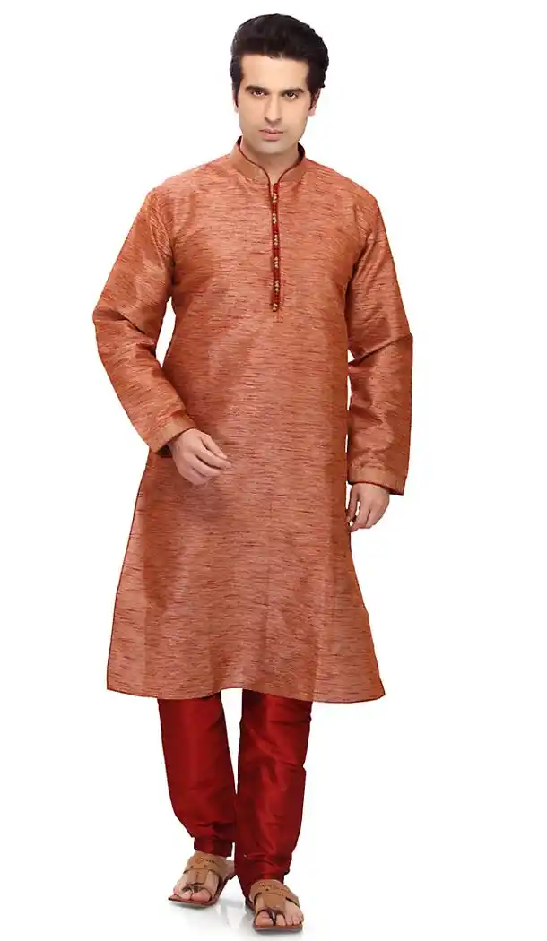 Brown Color Art Silk Formal Wear Men's Readymade Kurta Pajama | FH431768586