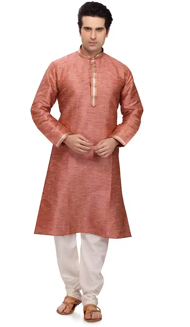 Orange Color Art Silk Formal Wear Men's Readymade Kurta Pajama | FH431868590