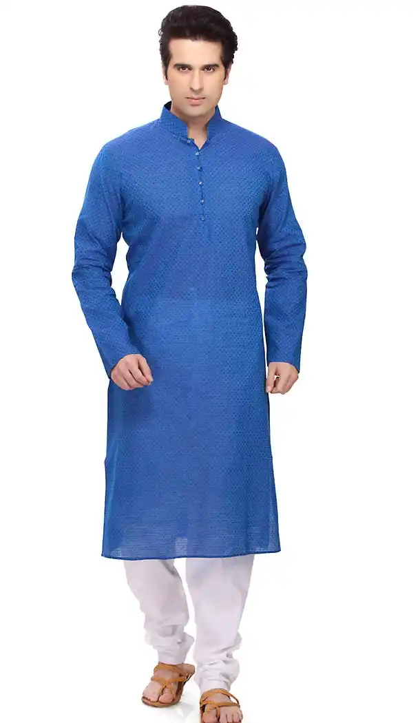 Blue Color Cotton Formal Wear Men's Readymade Kurta Pajama | FH431868591