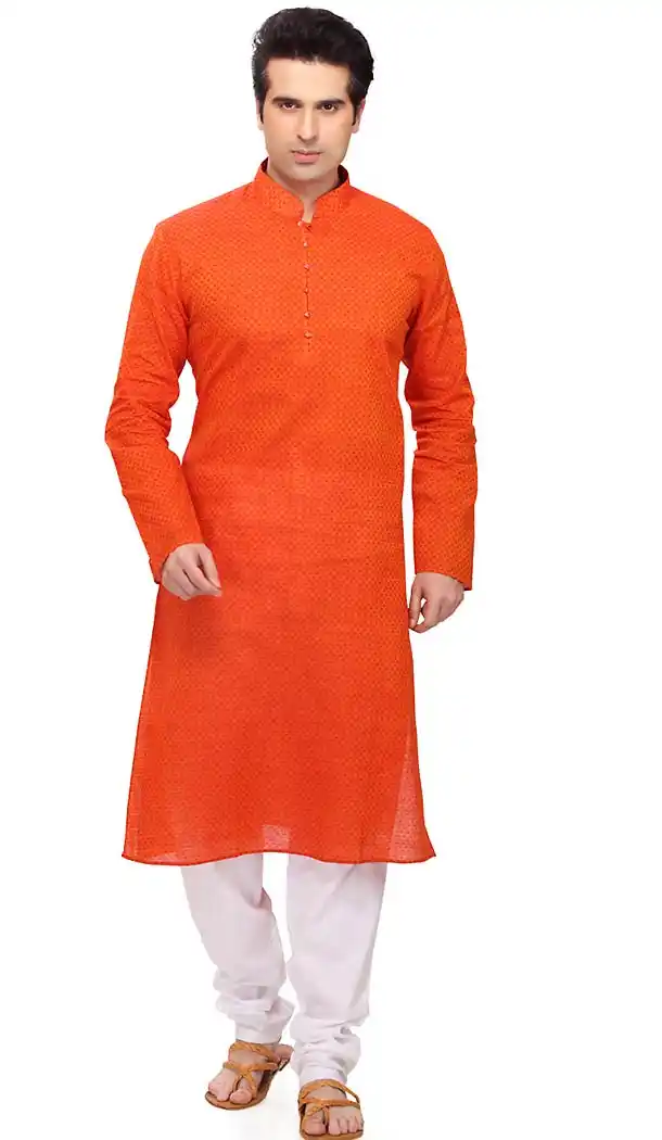 Deep Orange Color Cotton Formal Wear Men's Readymade Kurta Pajama | FH431868593