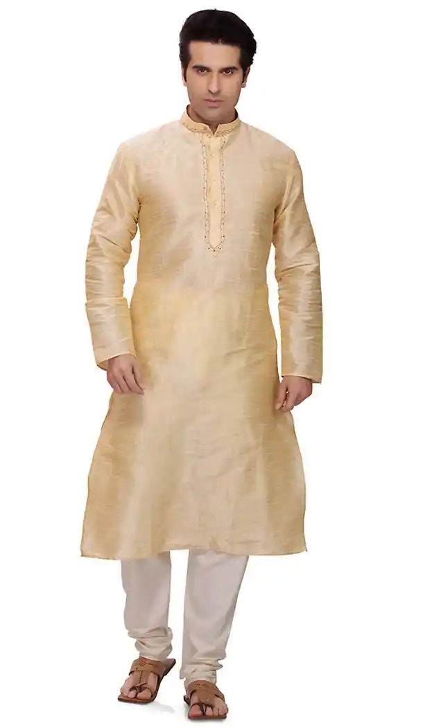 Cream Color Art Silk Formal Wear Men's Readymade Kurta Pajama | FH431868596