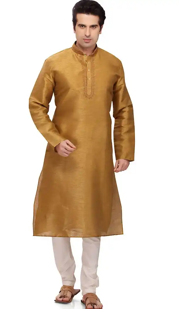 Tan Brown Color Art Silk Formal Wear Men's Readymade Kurta Pajama | FH431868598