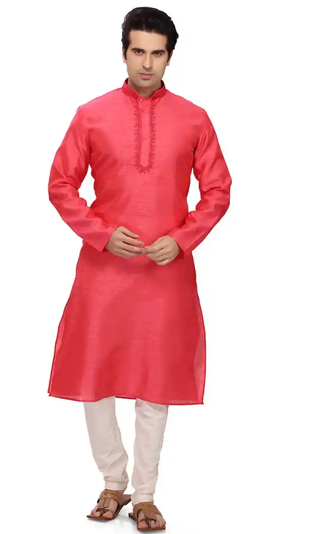 Salmon Color Art Silk Formal Wear Men's Readymade Kurta Pajama | FH431868599