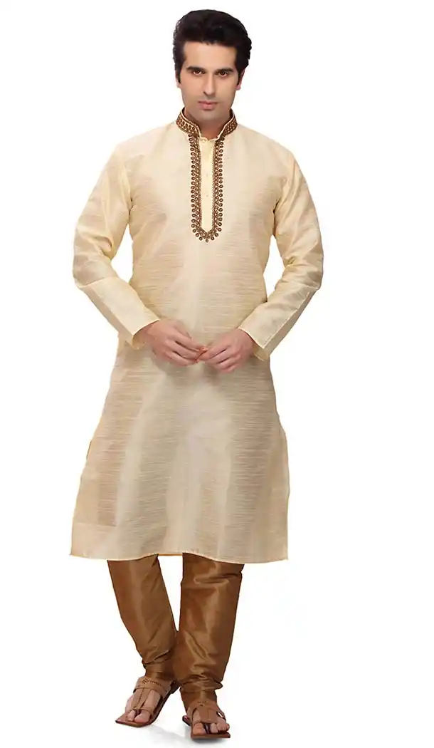 Cream Color Art Silk Formal Wear Men's Readymade Kurta Pajama | FH431868600