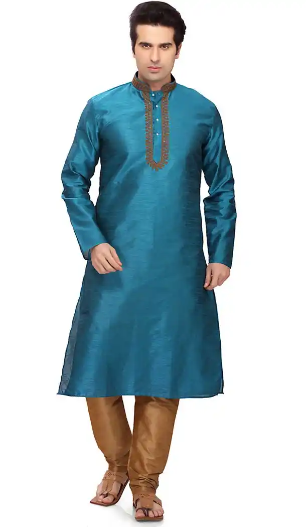 Sky Blue Color Art Silk Formal Wear Men's Readymade Kurta Pajama | FH431868601
