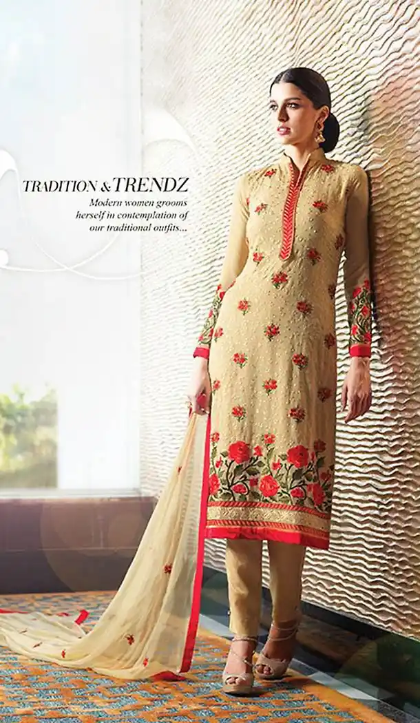 Tan Brown Georgette Straight Cut Embroidered Stitched Narrow Pants Kameez with Dupatta  | FH43256883