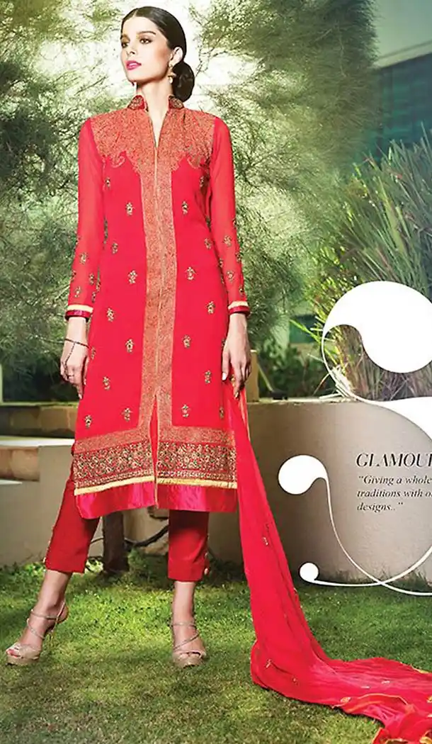 Crimson Georgette Achkan Embroidered Stitched Narrow Pants Kameez with Dupatta  | FH432568804