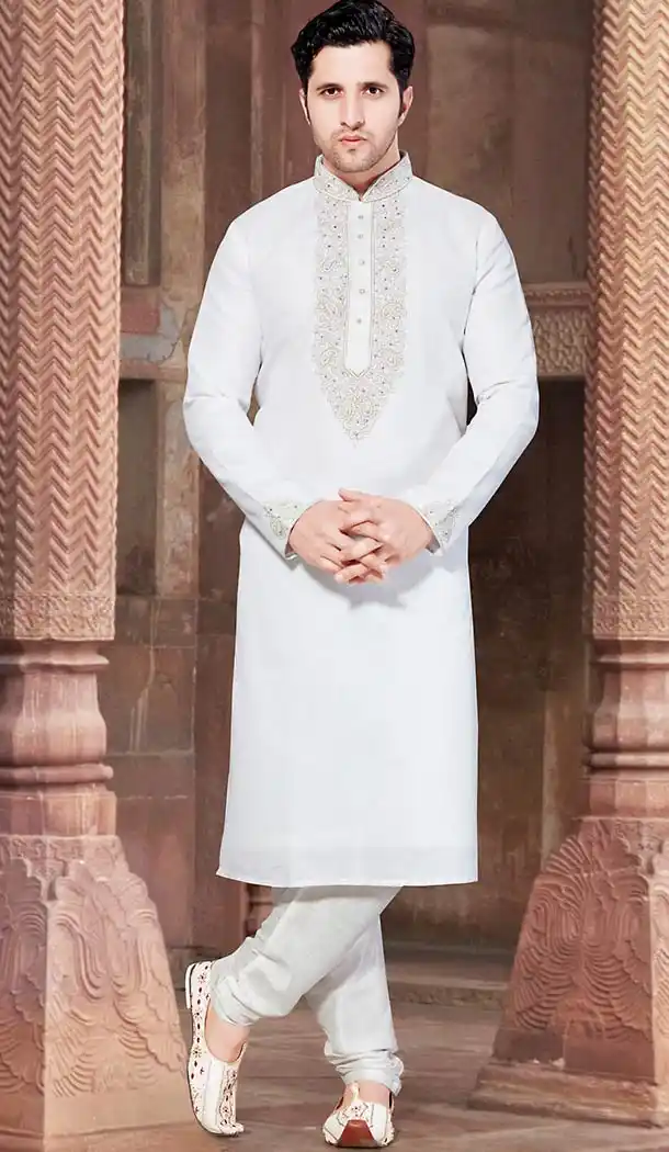 Off White Color Linen Pakistani Style Men's Readymade Churidar Kurta | FH433668815