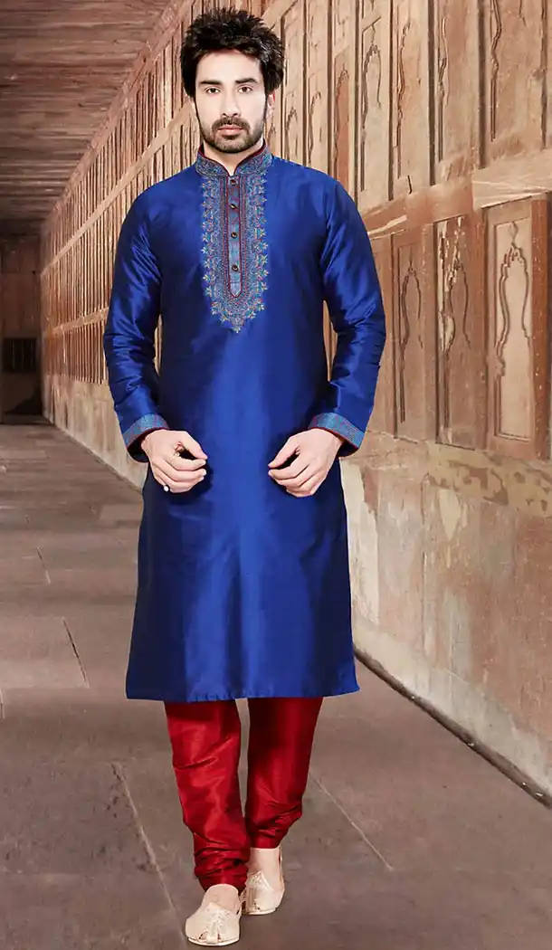 Royal Blue Color Silk Pakistani Style Men's Readymade Churidar Kurta | FH433668818