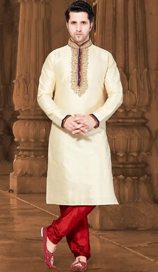 Cream Color Jacquard Pakistani Style Men's Readymade Churidar Kurta | FH433668820