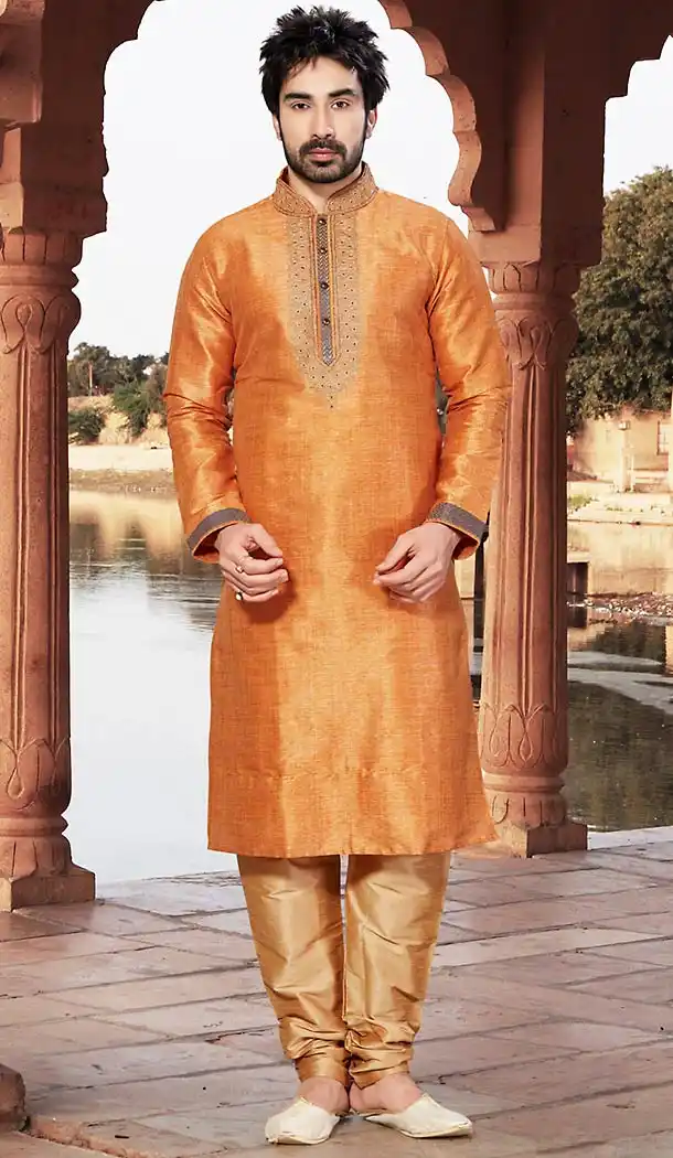 Apricot Color Dupioni Raw Silk Pakistani Style Men's Readymade Churidar Kurta | FH433668821