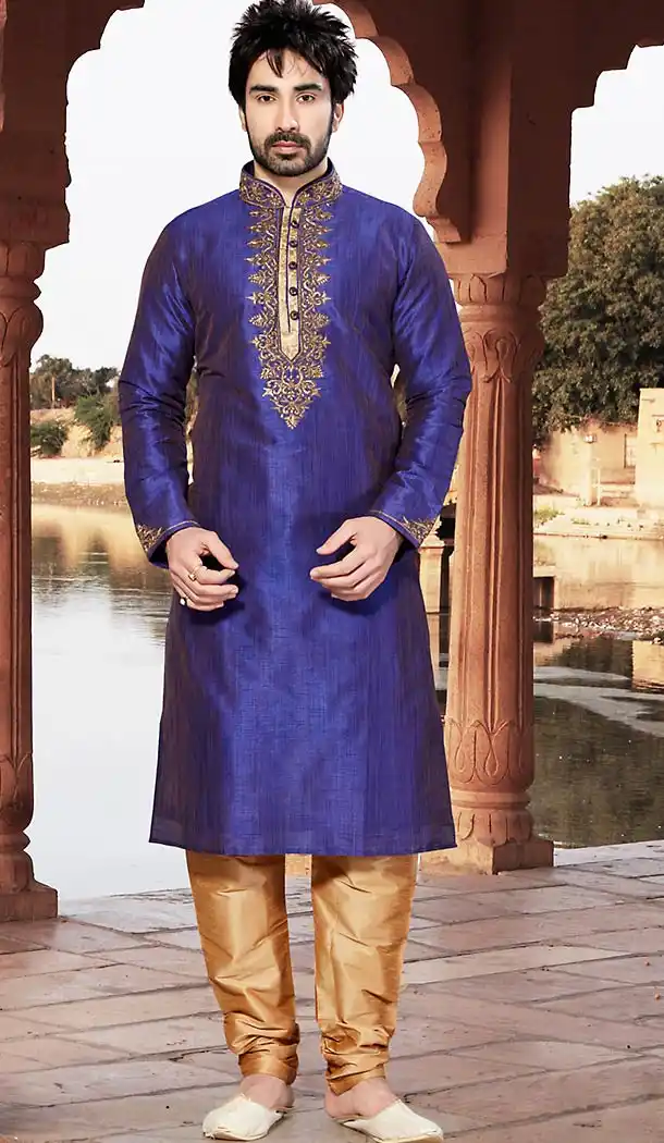 Purple Color Dupioni Raw Silk Pakistani Style Men's Readymade Churidar Kurta | FH433668822