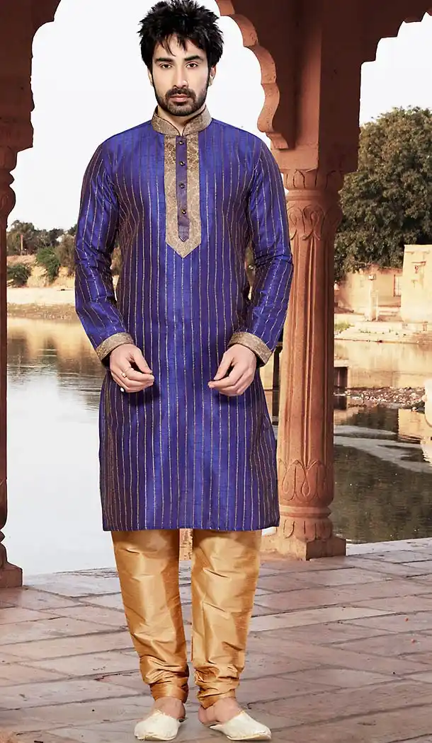 Purple Color Dupioni Raw Silk Pakistani Style Men's Readymade Churidar Kurta | FH433668823