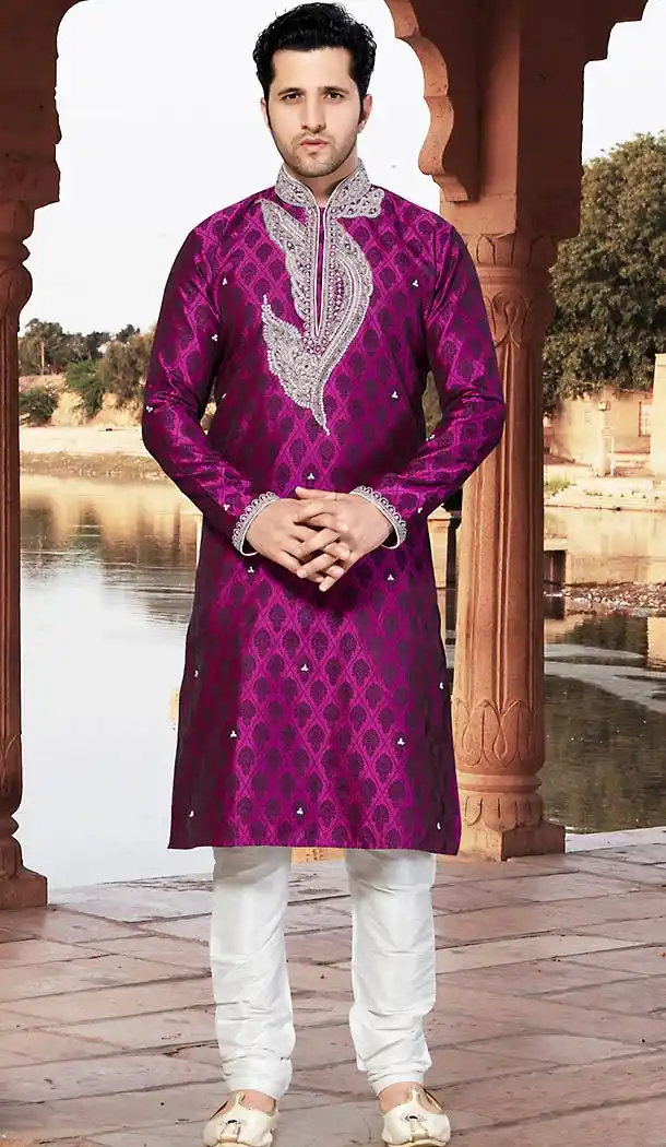 Purple Color Jacquard Pakistani Style Men's Readymade Churidar Kurta | FH433668825
