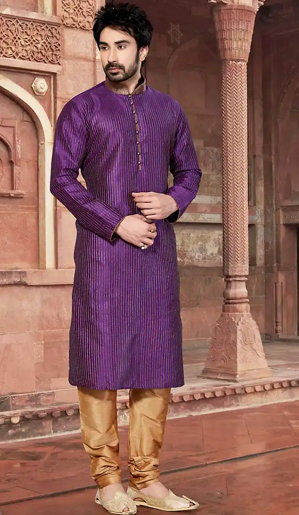 Wine Color Dupioni Raw Silk Pakistani Style Men's Readymade Churidar Kurta | FH433668826