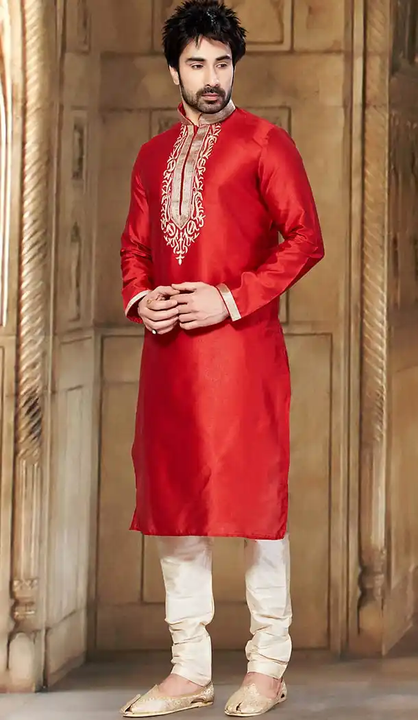 Red Color Dupioni Raw Silk Pakistani Style Men's Readymade Churidar Kurta | FH433768827