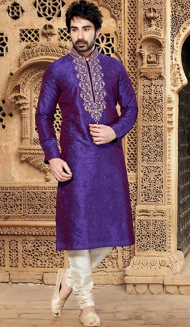 Purple Color Dupioni Raw Silk Pakistani Style Men's Readymade Churidar Kurta | FH433768828