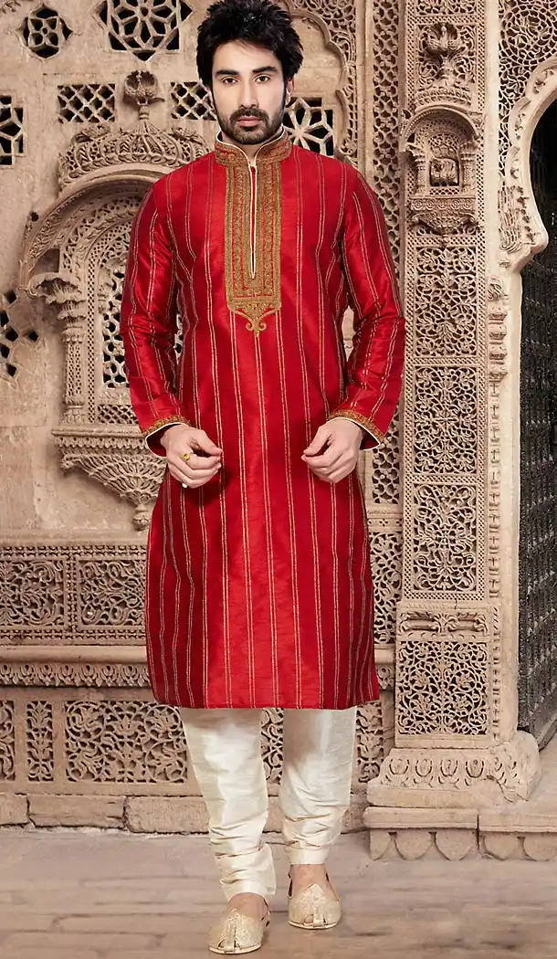 Red Color Dupioni Raw Silk Pakistani Style Men's Readymade Churidar Kurta | FH433768829