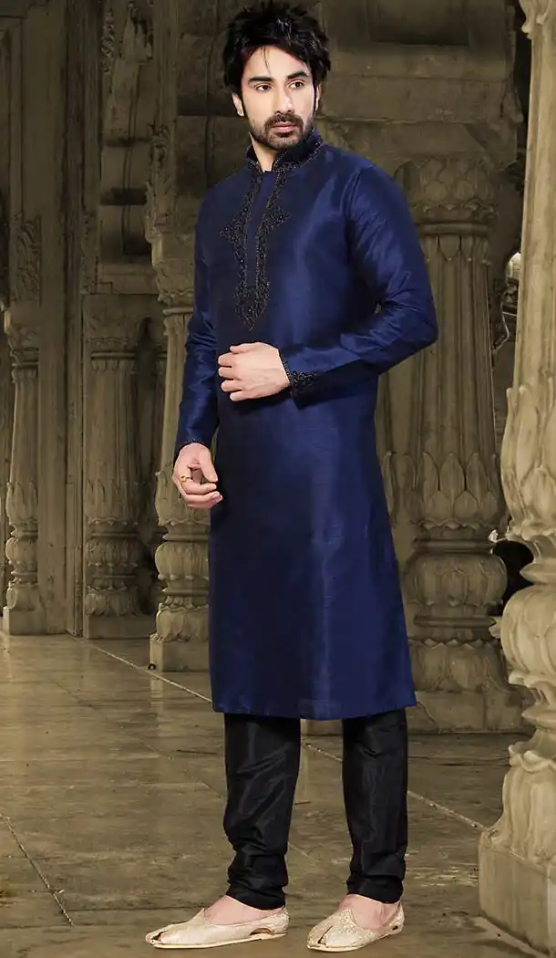 Navy Blue Color Dupioni Raw Silk Pakistani Style Men's Readymade Churidar Kurta | FH433768830