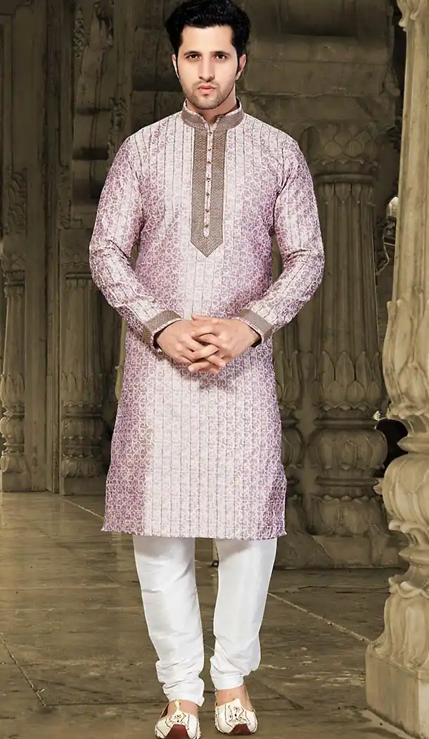 Lavender Color Brocade Pakistani Style Men's Readymade Churidar Kurta | FH433768831