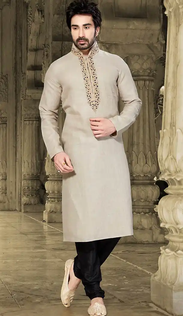 Dove Color Linen Pakistani Style Men's Readymade Churidar Kurta | FH433768832