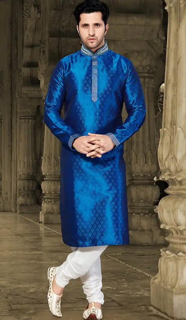Blue Color Brocade Pakistani Style Men's Readymade Churidar Kurta | FH433768833