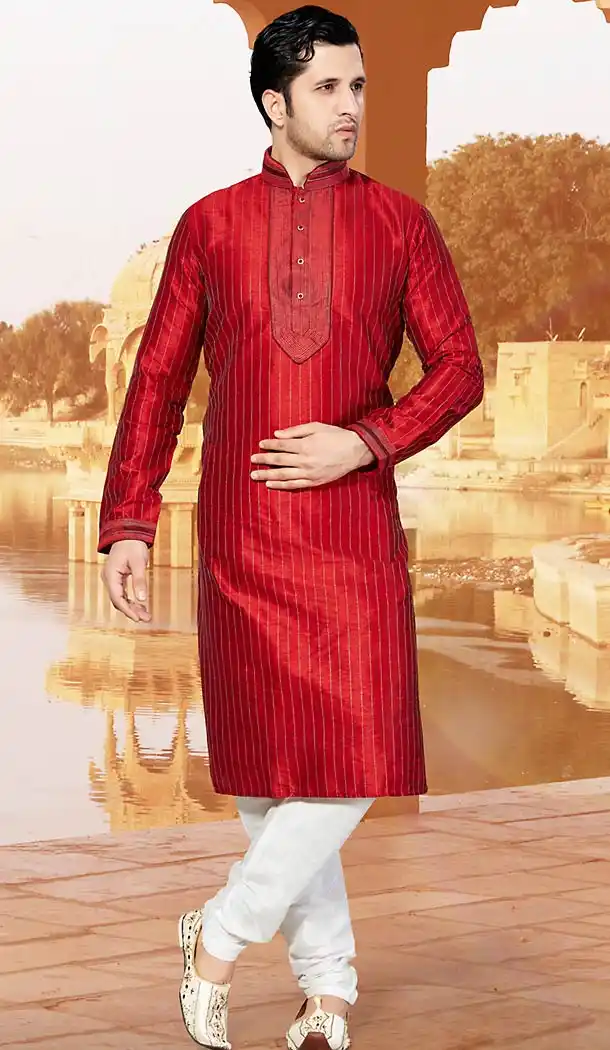 Deep Scarlet Color Dupioni Raw Silk Pakistani Style Men's Readymade Churidar Kurta | FH433768835