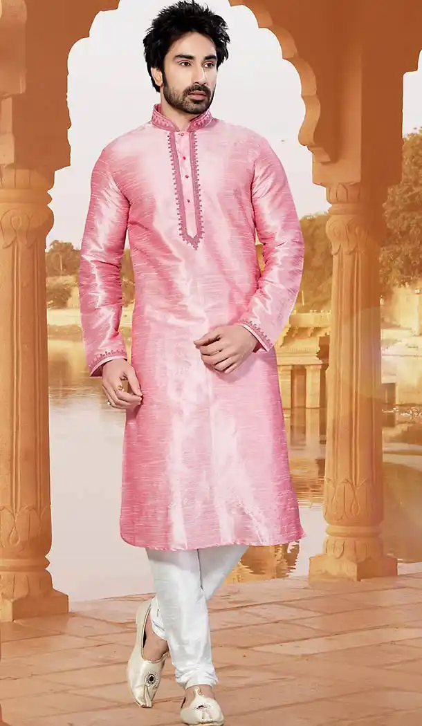 Salmon Color Dupioni Raw Silk Pakistani Style Men's Readymade Churidar Kurta | FH433768836