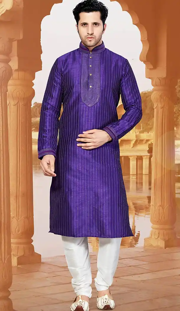 Purple Color Dupioni Raw Silk Pakistani Style Men's Readymade Churidar Kurta | FH433768837