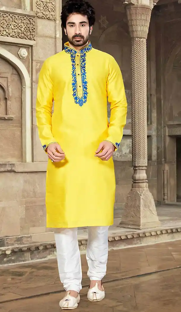 Yellow Color Dupioni Raw Silk Pakistani Style Men's Readymade Churidar Kurta | FH433768838