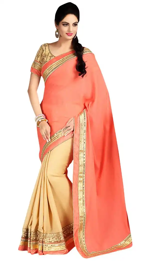 Tan Brown Georgette Traditional Embroidered Sarees with Stitched Blouse  | FH434068876