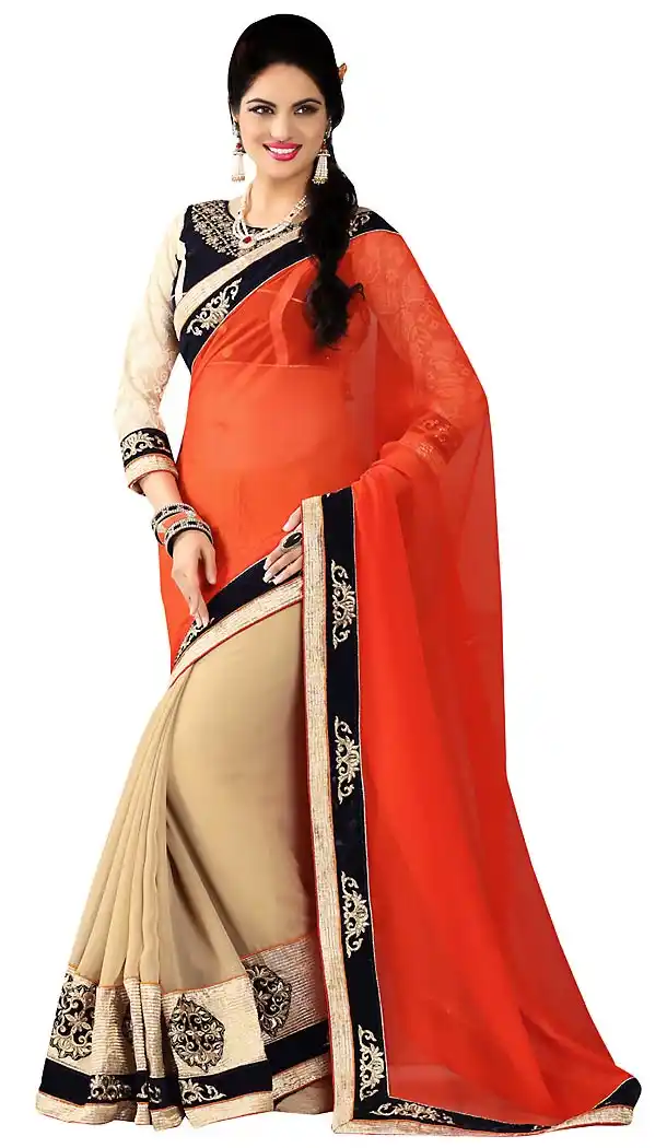 French Beige Georgette Traditional Embroidered Sarees with Stitched Blouse  | FH434068879