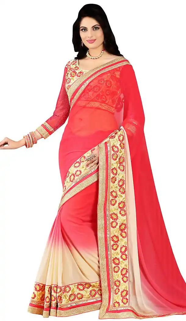 Coral Georgette Traditional Contemporary Sarees with Stitched Blouse  | FH434068884