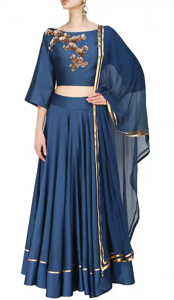 Navy Blue Dupioni Raw Silk Designer Readymade Lehenga Choli Online | FH434368905